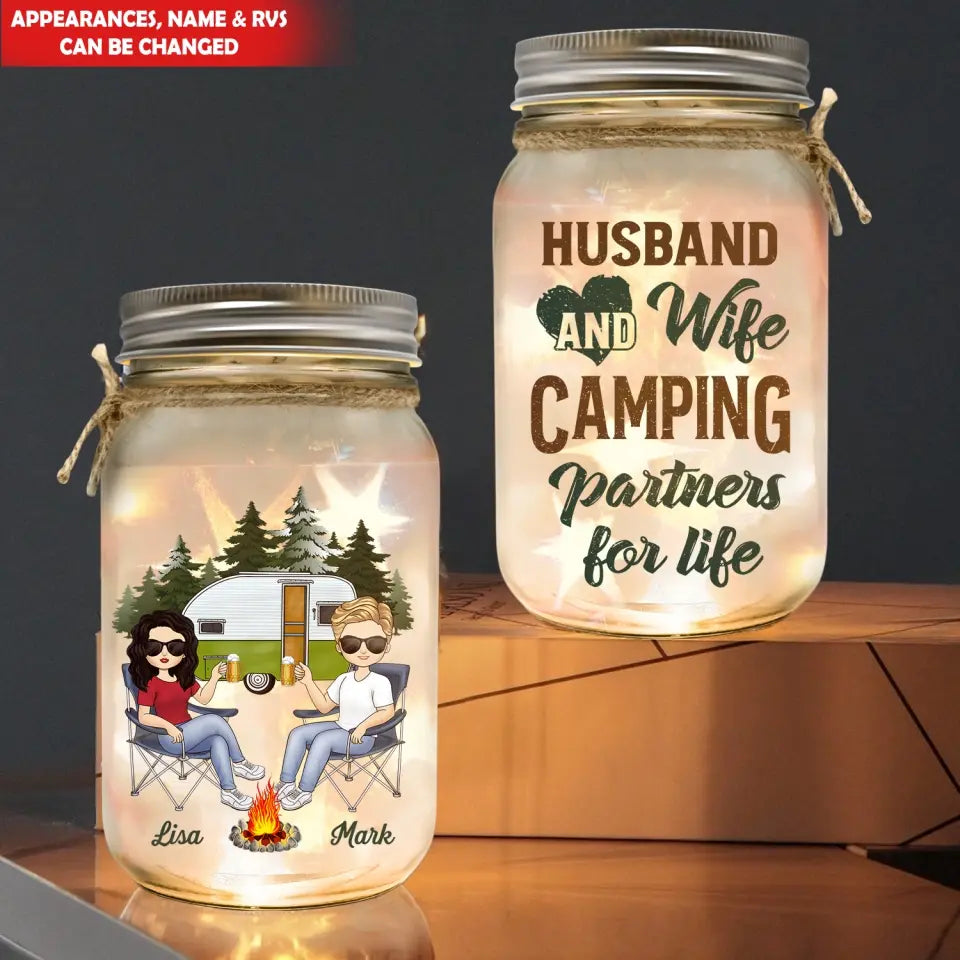 Husband And Wife Camping Partners For Life - Personalized Mason Jar Light, Camping Gift - MJL47AN