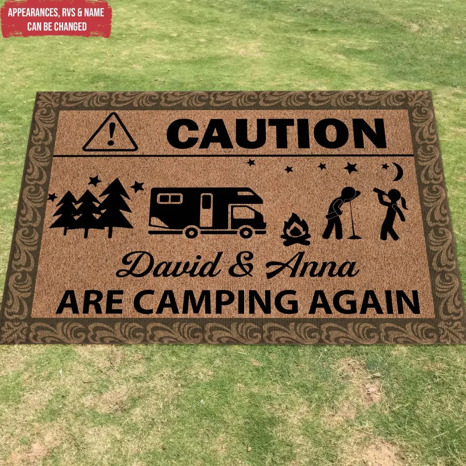 Caution Camping Again - Personalized Patio Rug/ Patio Mat, Funny Gift, Camping Decor - R46AN