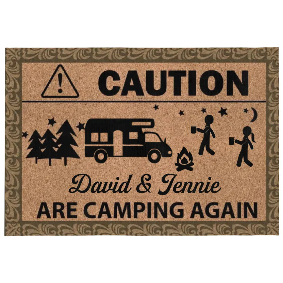 Caution Camping Again - Personalized Patio Rug/ Patio Mat, Funny Gift, Camping Decor - R46AN