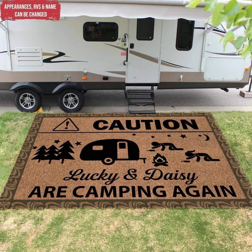 Caution Camping Again - Personalized Patio Rug/ Patio Mat, Funny Gift, Camping Decor - R46AN