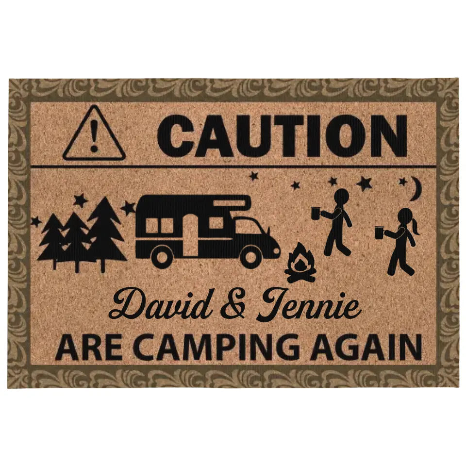 Caution Camping Again - Personalized Patio Rug/ Patio Mat, Funny Gift, Camping Decor - R46AN