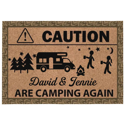 Caution Camping Again - Personalized Patio Rug/ Patio Mat, Funny Gift, Camping Decor - R46AN