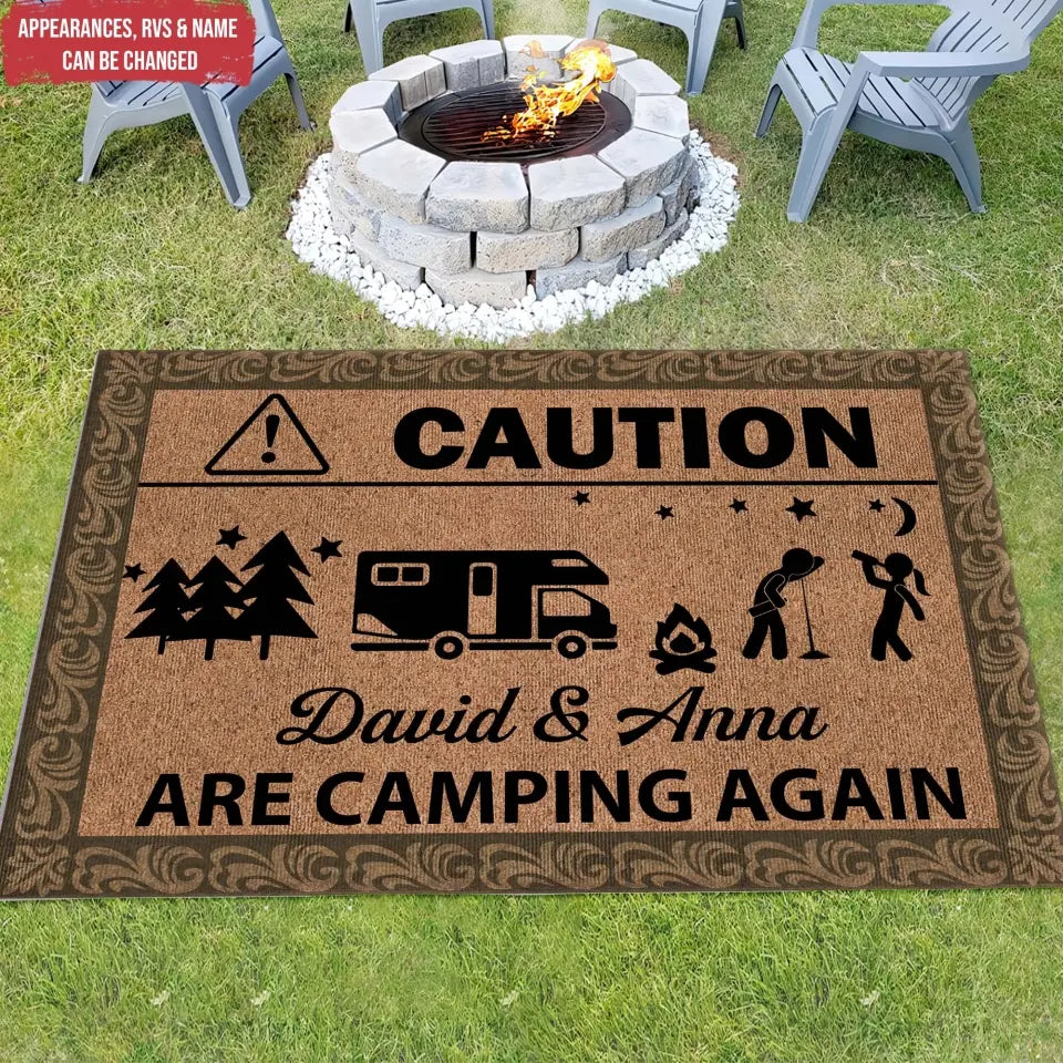 Caution Camping Again - Personalized Patio Rug/ Patio Mat, Funny Gift, Camping Decor - R46AN