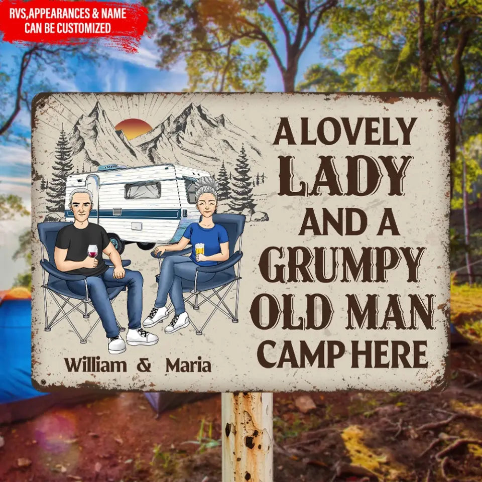 A Lovely Lady And A Grumpy Old Man Camp Here - Personalized Metal Sign, Gift For Camping Couple - MTS51AN