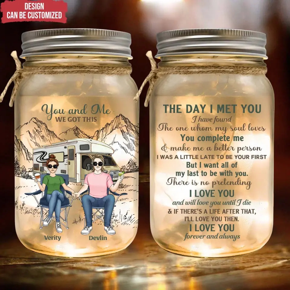 Couple Camping The Day I Met You - Personalized Mason Jar Light, Gift For Camping Couple, Camping, camping gift,camping,campsite,campgrounds,custom gift,personalized gifts
