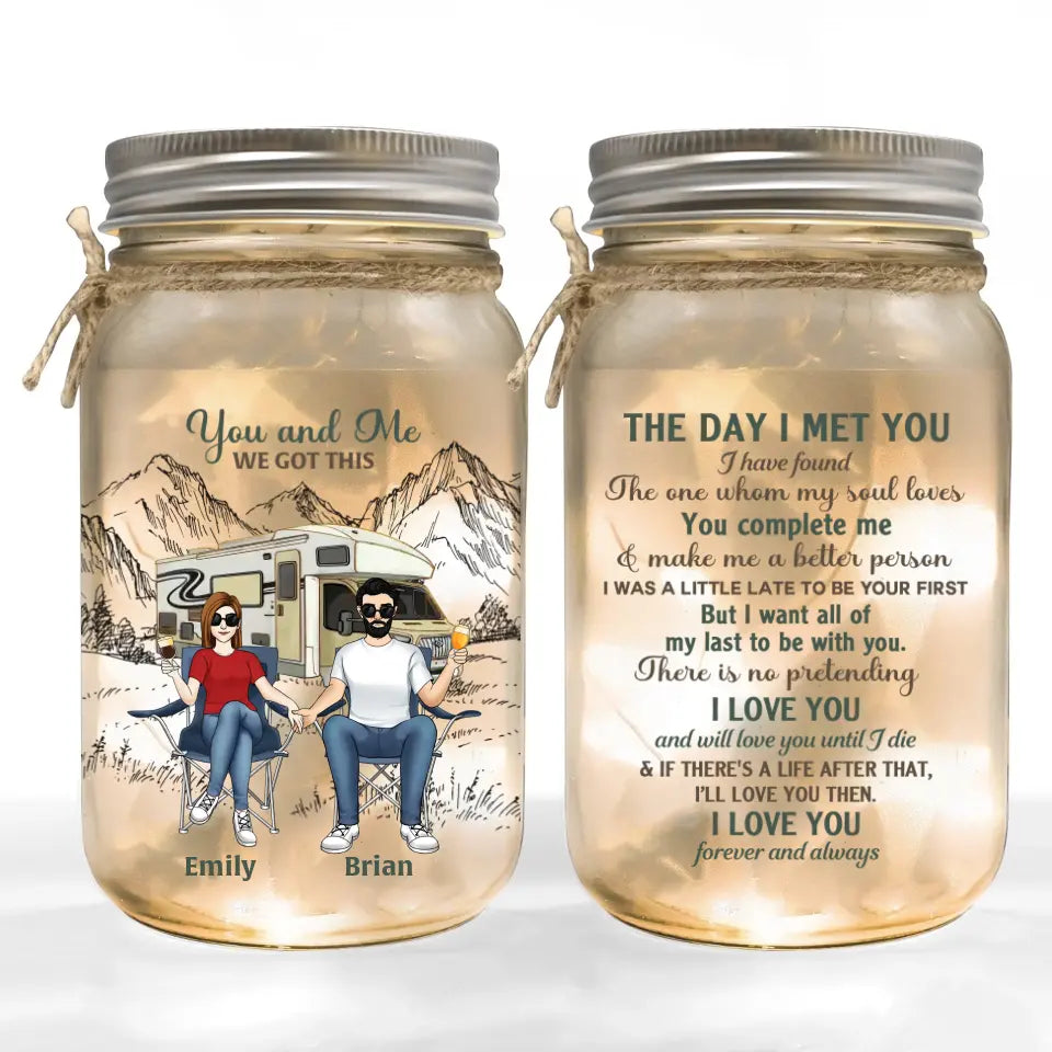 Couple Camping The Day I Met You - Personalized Mason Jar Light, Gift For Camping Couple - MJL65AN