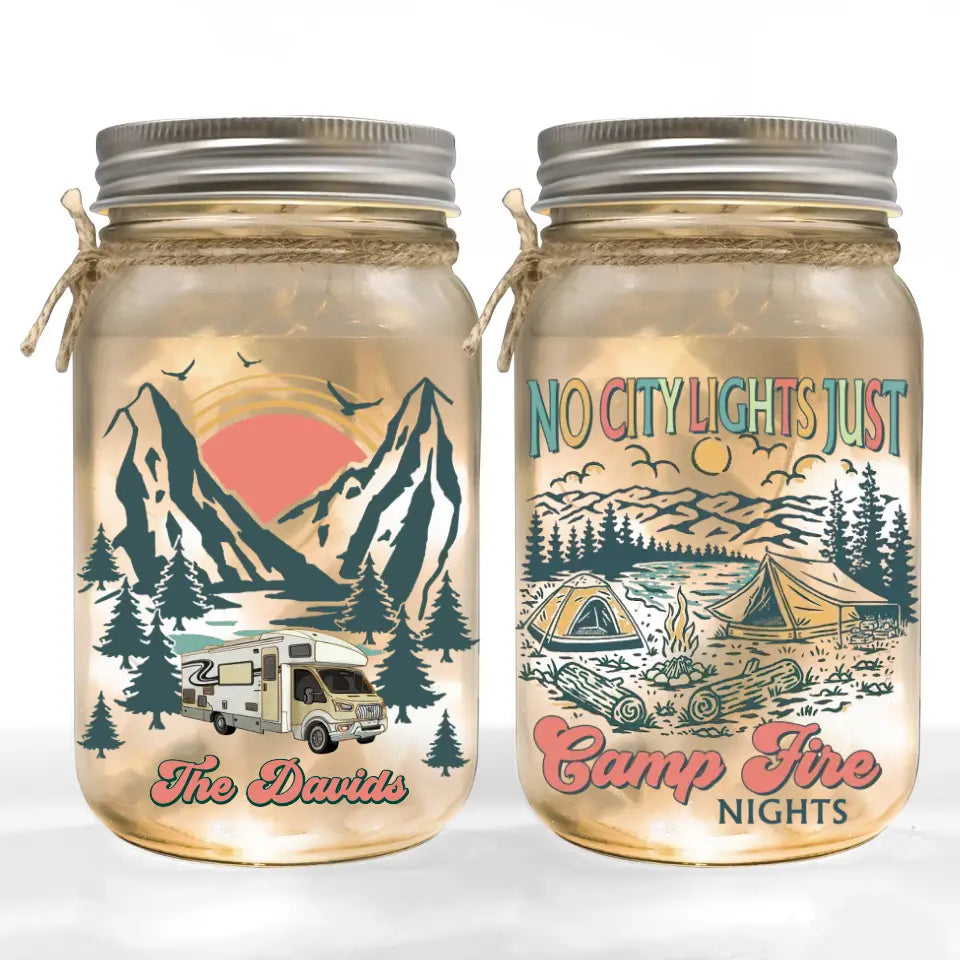 No City Lights Just Camp Fire Nights - Personalized Mason Jar Light, Gift For Camping Lovers - MJL59AN