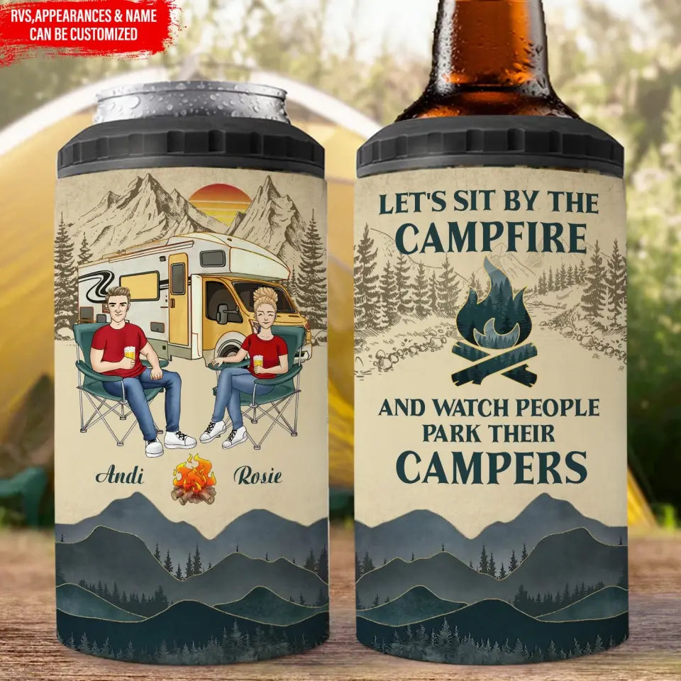 Camping, camping gift,camping,campsite,campgrounds,custom gift,personalized gifts, Let's Sit By The Campfire And Watch People Park Their Campers - Personalized Can Cooler, Gift For Camping Lovers 