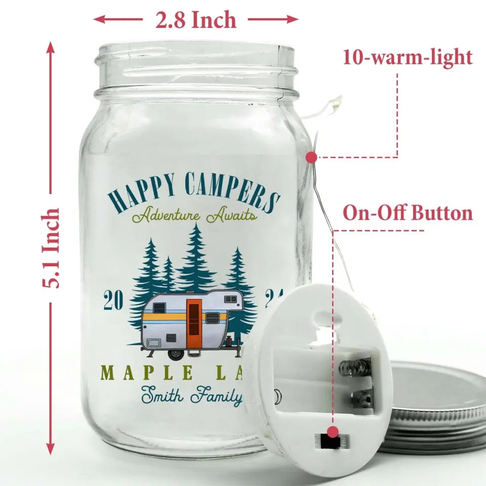 Happy Campers Adventure Awaits - Personalized Mason Jar Light, Gift For Camping Lovers - MJL73AN