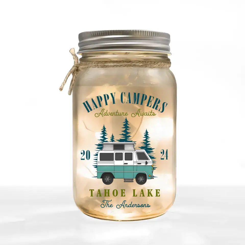 Happy Campers Adventure Awaits - Personalized Mason Jar Light, Gift For Camping Lovers - MJL73AN