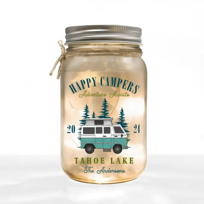 Happy Campers Adventure Awaits - Personalized Mason Jar Light, Gift For Camping Lovers - MJL73AN