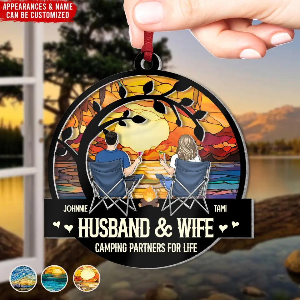 Husband And Wife Camping Partners For Life - Personalized Suncatcher Ornament, Gift For Camping Couple - SUN80AN