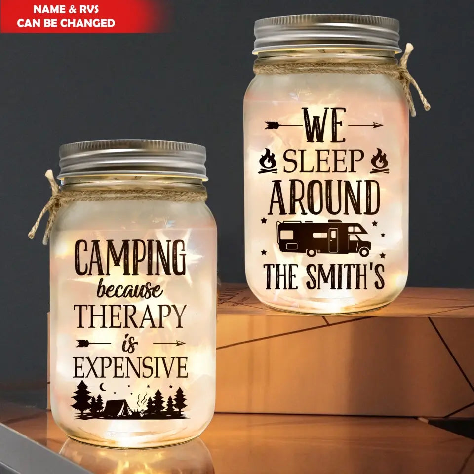 Camping Because Therapy Is Expensive - Personalized Mason Jar Light, Camping Gift,  Camping, camping gift,camping,campsite,campgrounds,custom gift,personalized gifts