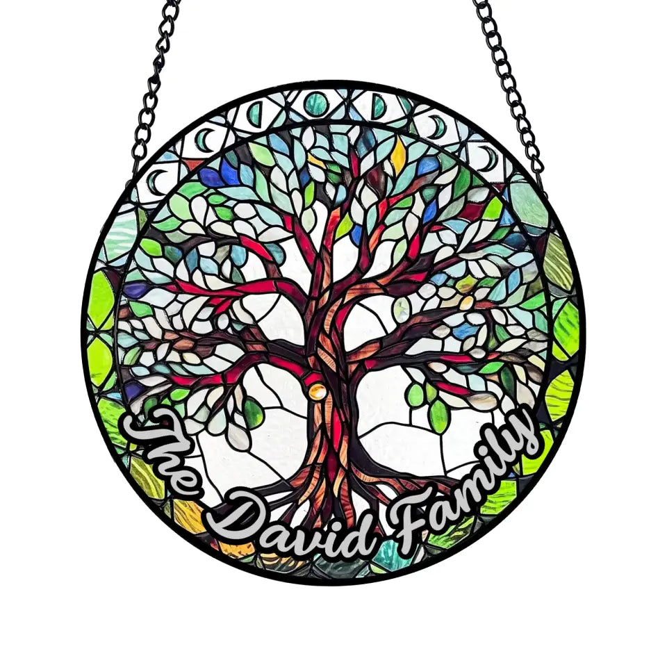 Tree of Life Stained Glass Suncatcher with Moon Phases - Personalized Window Stained Glass, Suncatcher Hanging - WSG85TL
