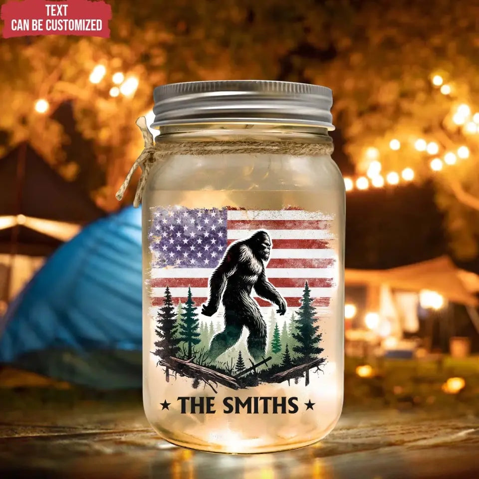 Bigfoot Camping In The Forest American Flag - Personalized Mason Jar Light, Gift For Camping Lovers, Camping, camping gift,camping,campsite,campgrounds,custom gift,personalized gifts