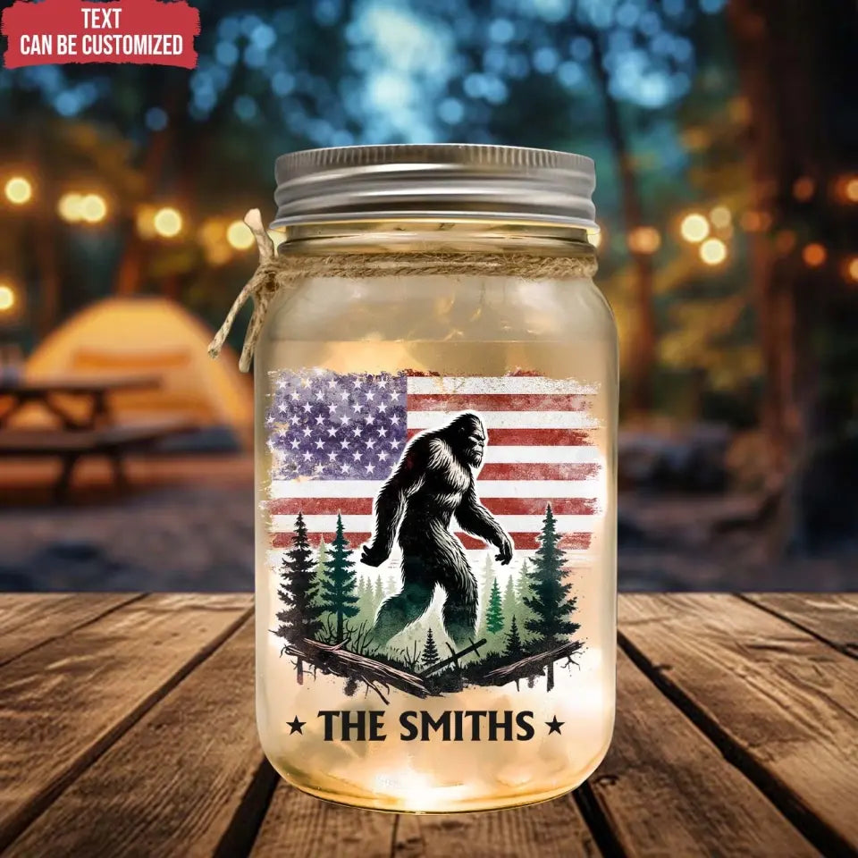 Bigfoot Camping In The Forest American Flag - Personalized Mason Jar Light, Gift For Camping Lovers - MJL107AN