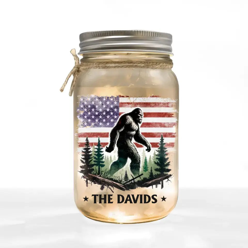 Bigfoot Camping In The Forest American Flag - Personalized Mason Jar Light, Gift For Camping Lovers - MJL107AN