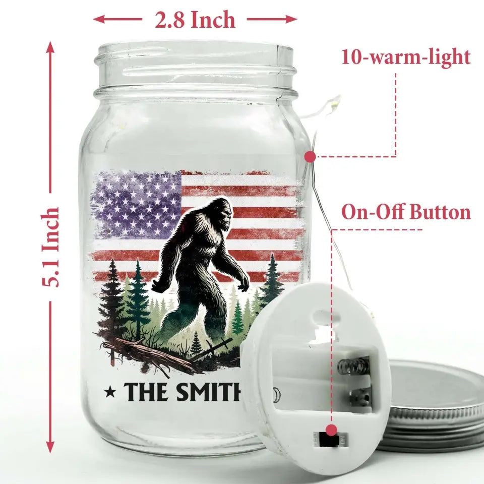 Bigfoot Camping In The Forest American Flag - Personalized Mason Jar Light, Gift For Camping Lovers - MJL107AN