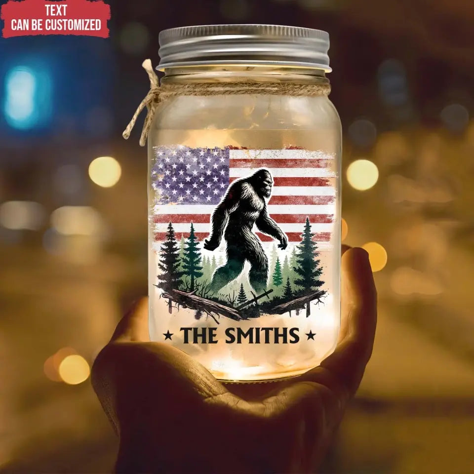 Bigfoot Camping In The Forest American Flag - Personalized Mason Jar Light, Gift For Camping Lovers - MJL107AN