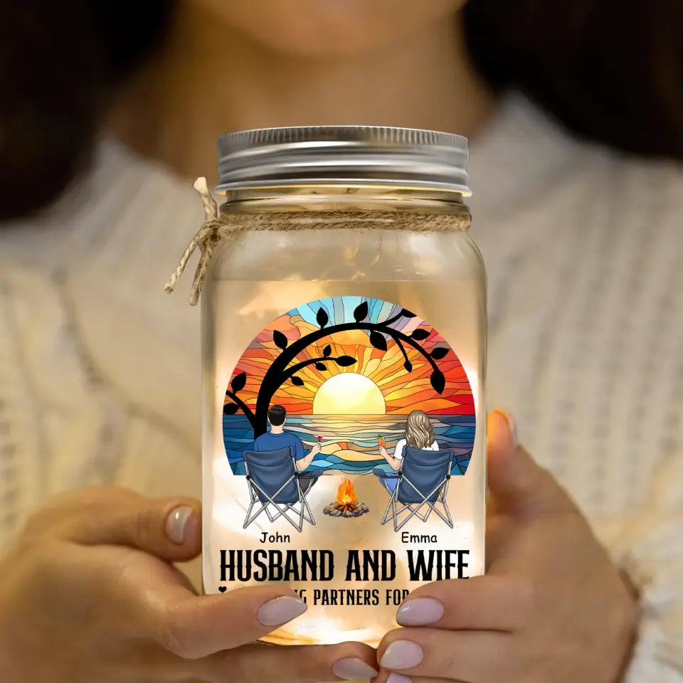 Couple Camping/Husband And Wife Camping Partners For Life - Personalized Mason Jar Light, Camping Gift - MJL130AN