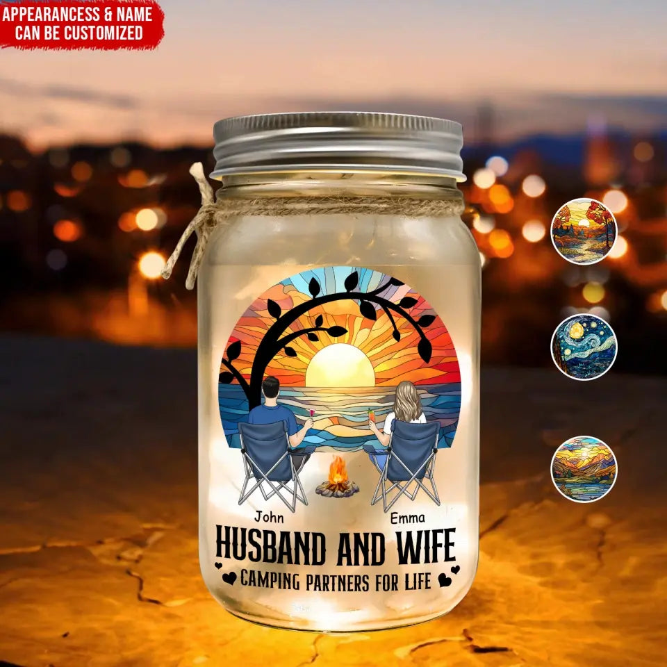 Couple Camping/Husband And Wife Camping Partners For Life - Personalized Mason Jar Light, Camping Gift - MJL130AN