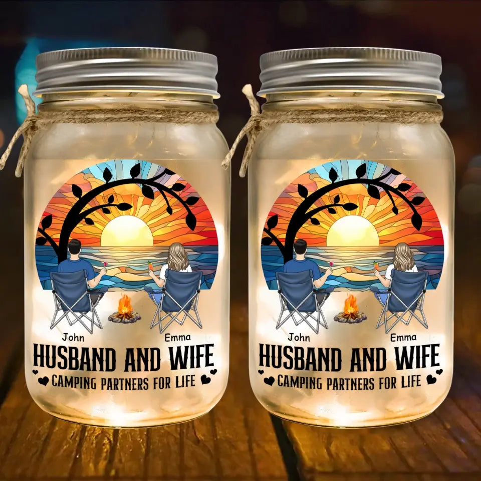 Couple Camping/Husband And Wife Camping Partners For Life - Personalized Mason Jar Light, Camping Gift - MJL130AN