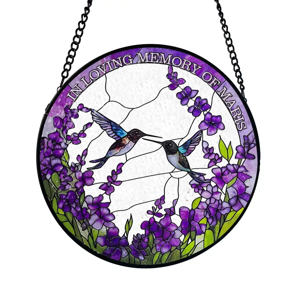 Hummingbirds Among Lavender Flowers - Personalized Window Stained Glass, Hanging Suncatcher - WSG100TL