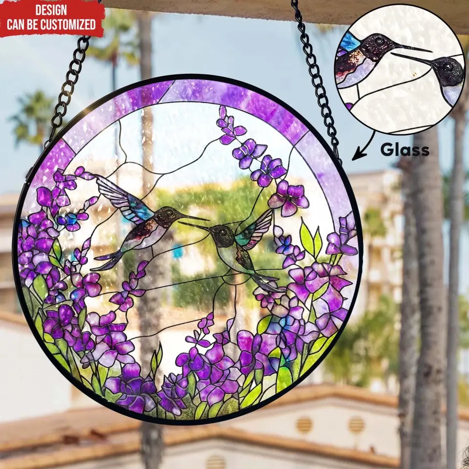 Hummingbirds Among Lavender Flowers - Personalized Window Stained Glass, Hanging Suncatcher - WSG100TL