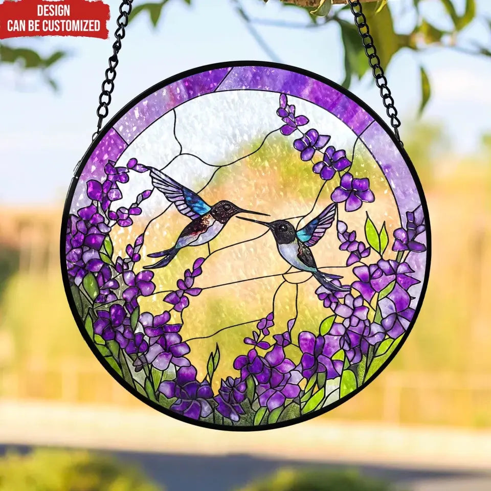 Hummingbirds Among Lavender Flowers - Personalized Window Stained Glass, Hanging Suncatcher - WSG100TL