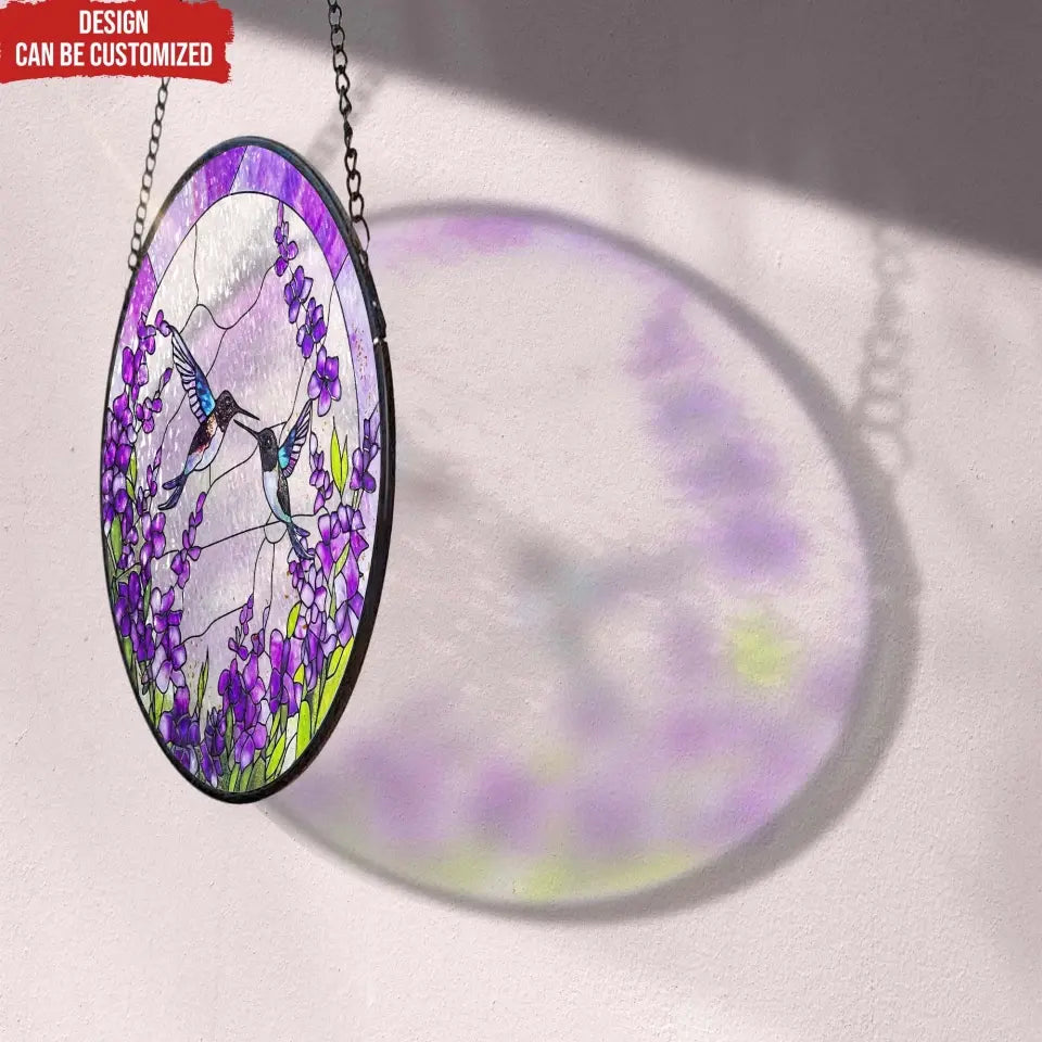 Hummingbirds Among Lavender Flowers - Personalized Window Stained Glass, Hanging Suncatcher - WSG100TL