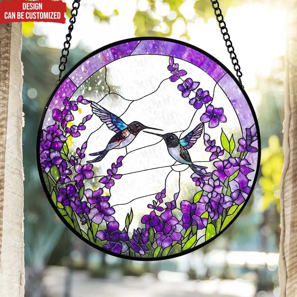 Hummingbirds Among Lavender Flowers - Personalized Window Stained Glass, Hanging Suncatcher - WSG100TL