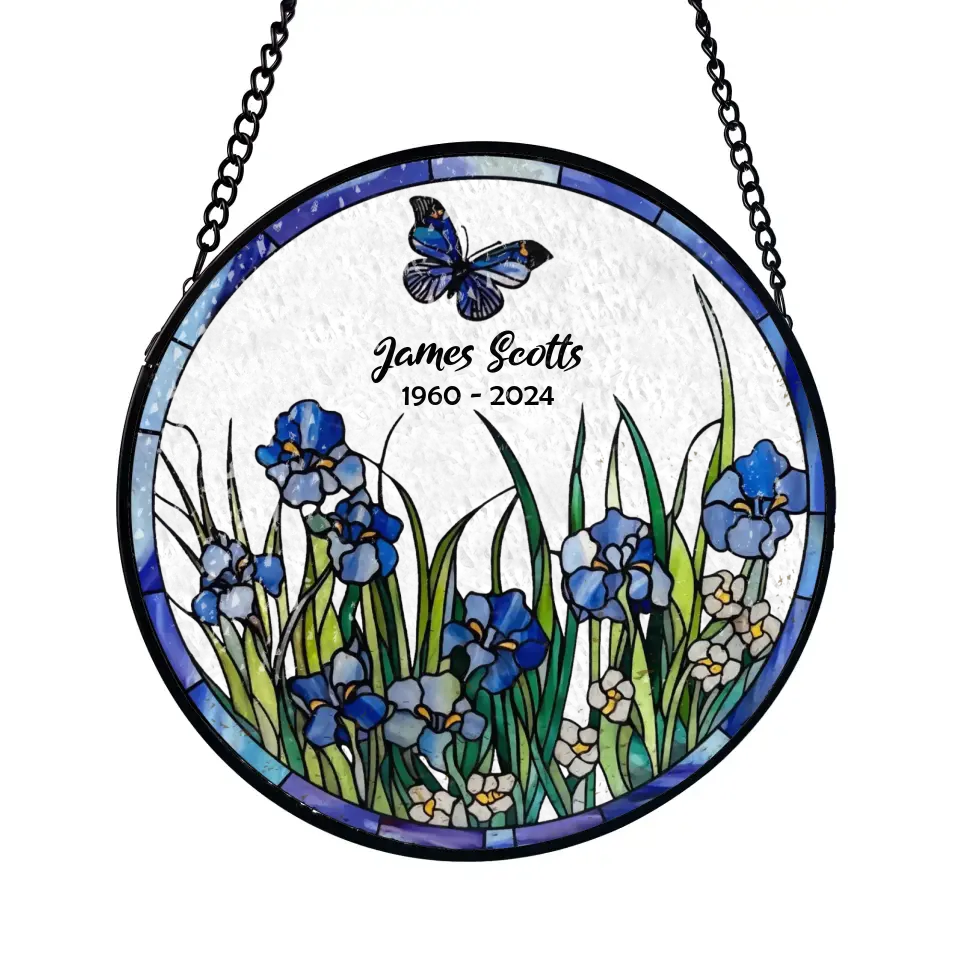 Blue Irises and Butterflies - Personalized Window Stained Glass, Hanging Suncatcher - WSG95TL