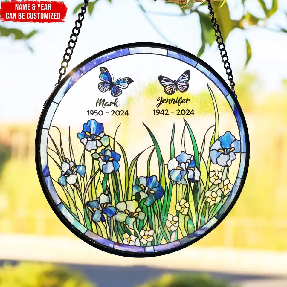 Blue Irises and Butterflies - Personalized Window Stained Glass, Hanging Suncatcher - WSG95TL