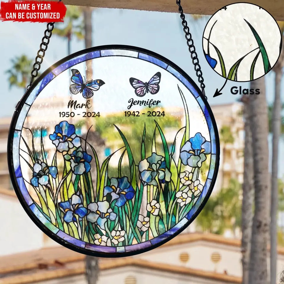 Blue Irises and Butterflies - Personalized Window Stained Glass, Hanging Suncatcher - WSG95TL