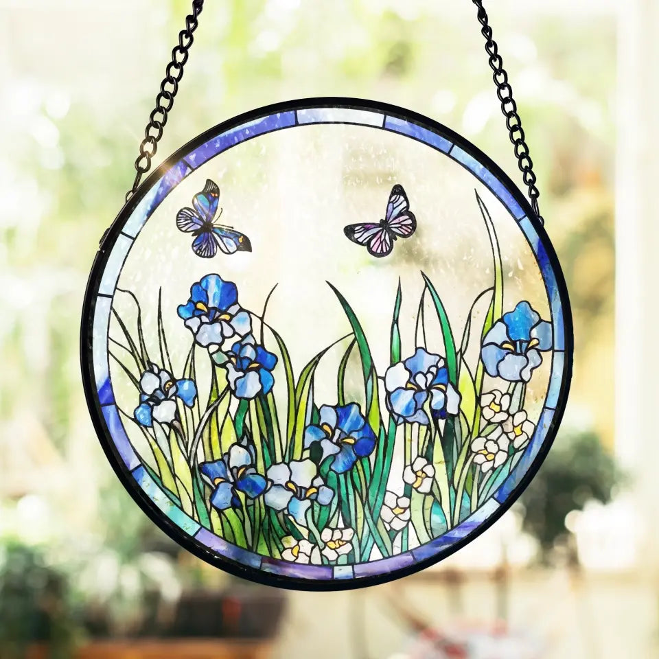 Blue Irises and Butterflies - Personalized Window Stained Glass, Hanging Suncatcher - WSG95TL