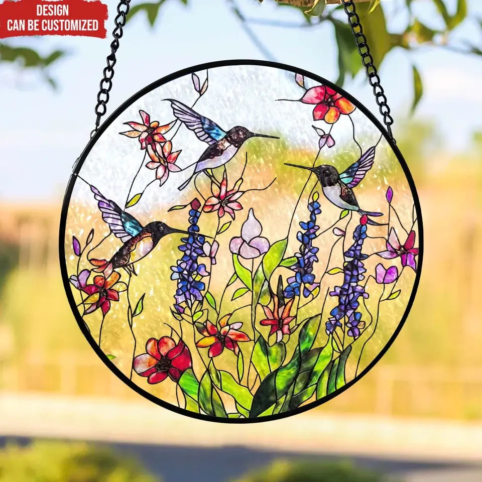 Hummingbirds and Wild Flowers  - Personalized Window Stained Glass, Hanging Suncatcher - WSG83TL