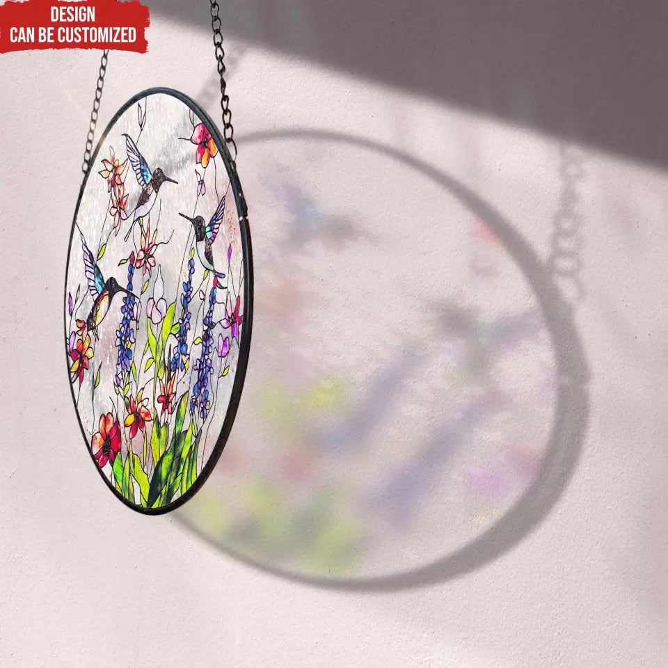 Hummingbirds and Wild Flowers  - Personalized Window Stained Glass, Hanging Suncatcher - WSG83TL