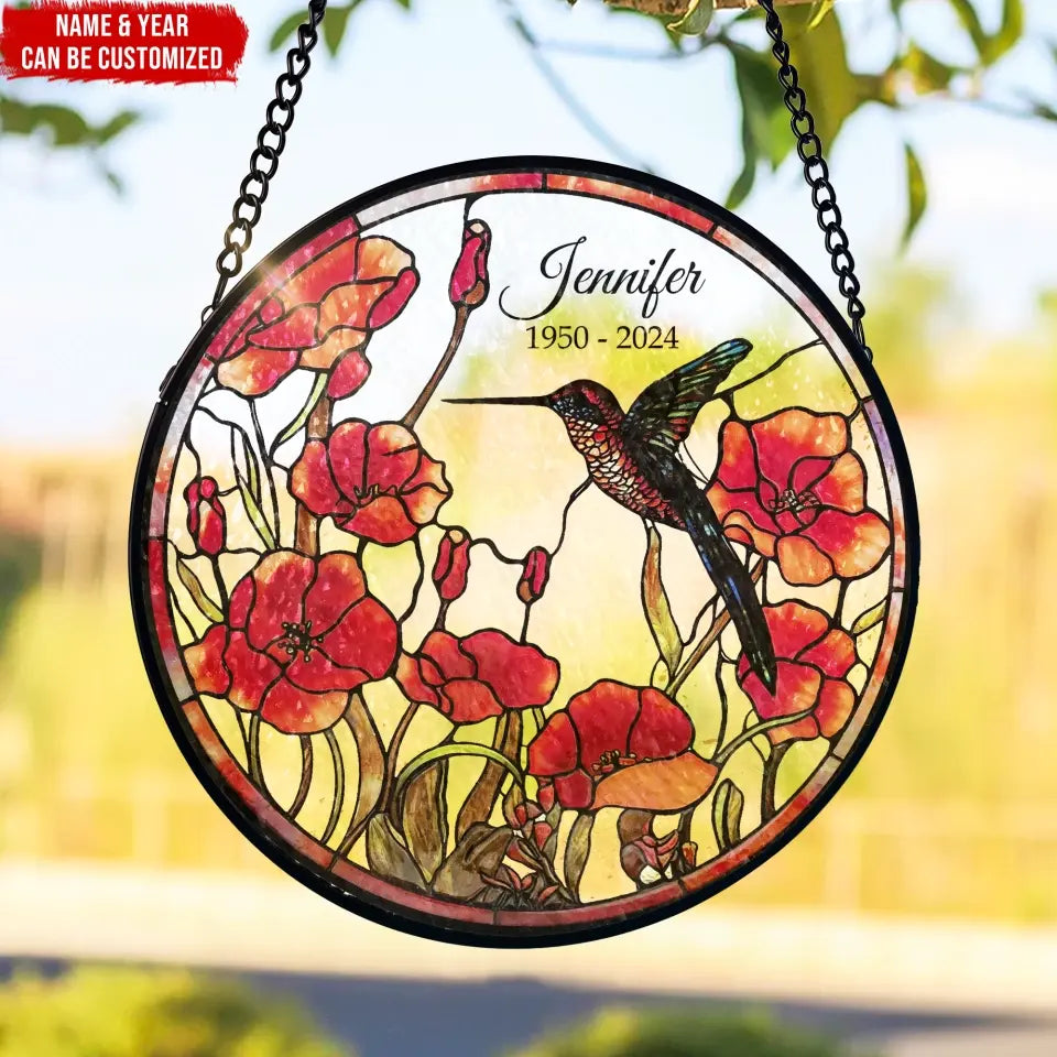 Hummingbird Poppy Suncatcher - Personalized Window Stained Glass, Suncatcher Hanging - WSG94TL