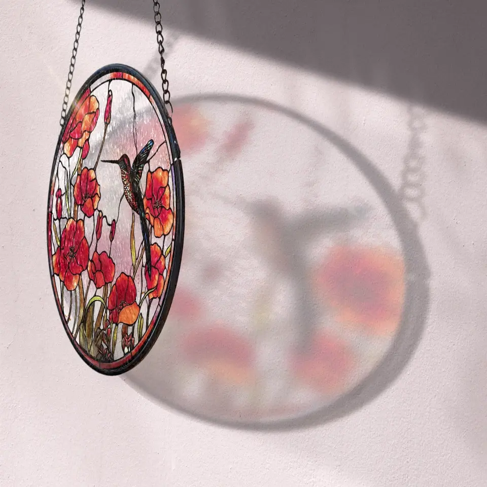 Hummingbird Poppy Suncatcher - Personalized Window Stained Glass, Suncatcher Hanging - WSG94TL