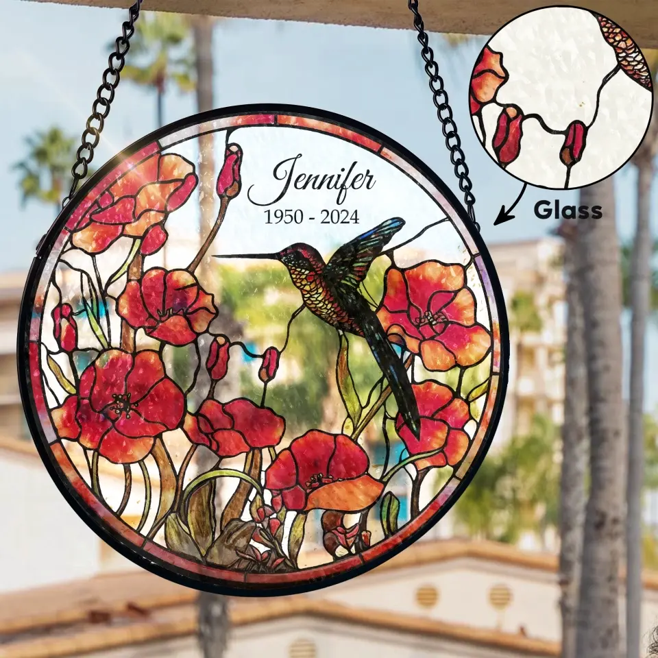 Hummingbird Poppy Suncatcher - Personalized Window Stained Glass, Suncatcher Hanging - WSG94TL