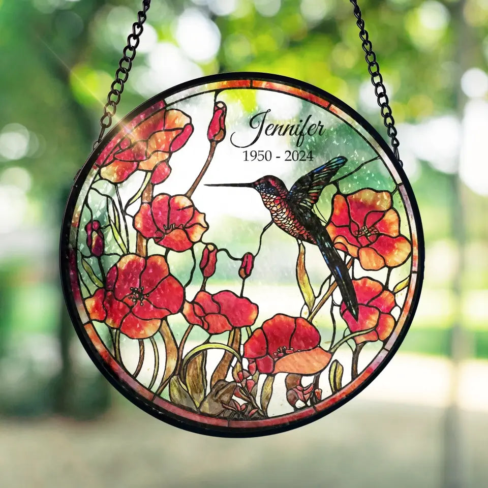 Hummingbird Poppy Suncatcher - Personalized Window Stained Glass, Suncatcher Hanging - WSG94TL