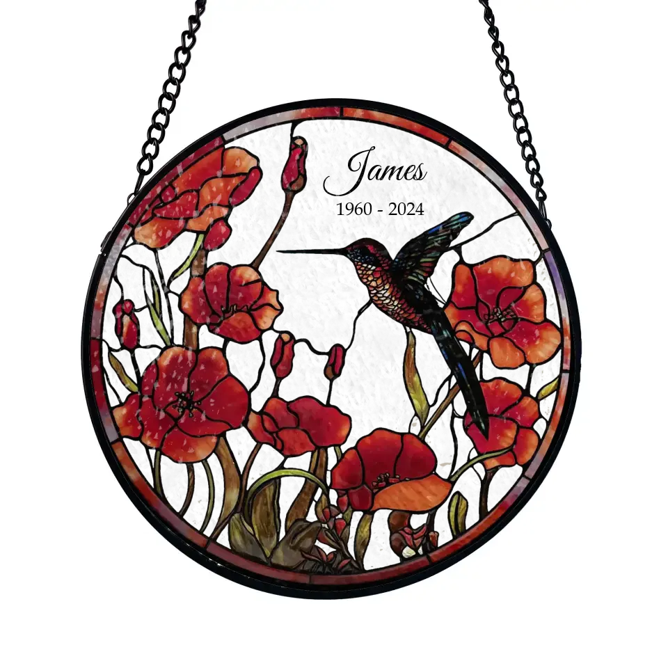 Hummingbird Poppy Suncatcher - Personalized Window Stained Glass, Suncatcher Hanging - WSG94TL