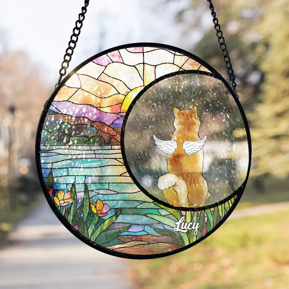 Pet On The Moon - Personalized Window Stained Glass, Suncatcher Hanging, Dog Remembrance Gift - WSG42UP