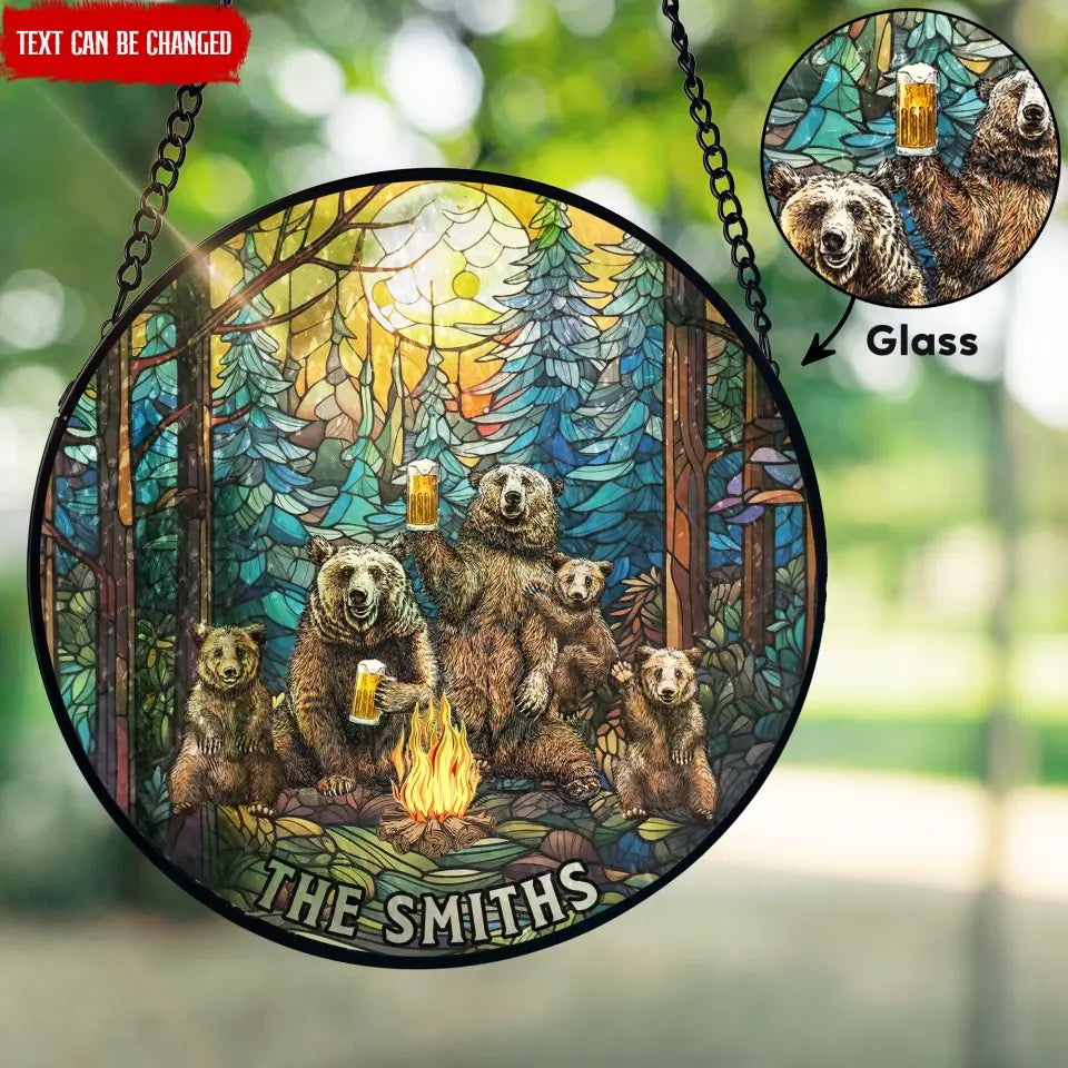 Grizzly Bear Camping - Personalized Window Stained Glass, Camping Gift For Nature Lovers - WSG119AN