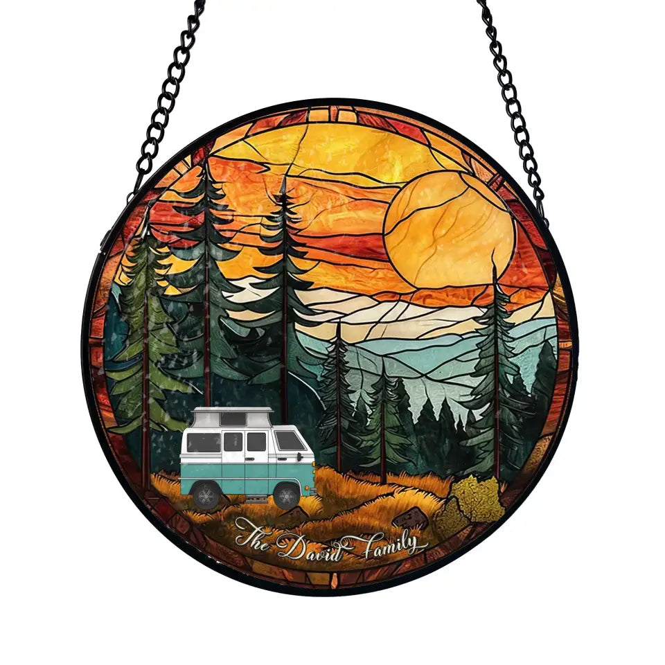 Adventure Awaits Camping Mountain - Personalized Window Stained Glass, Camping Gift - WSG118AN