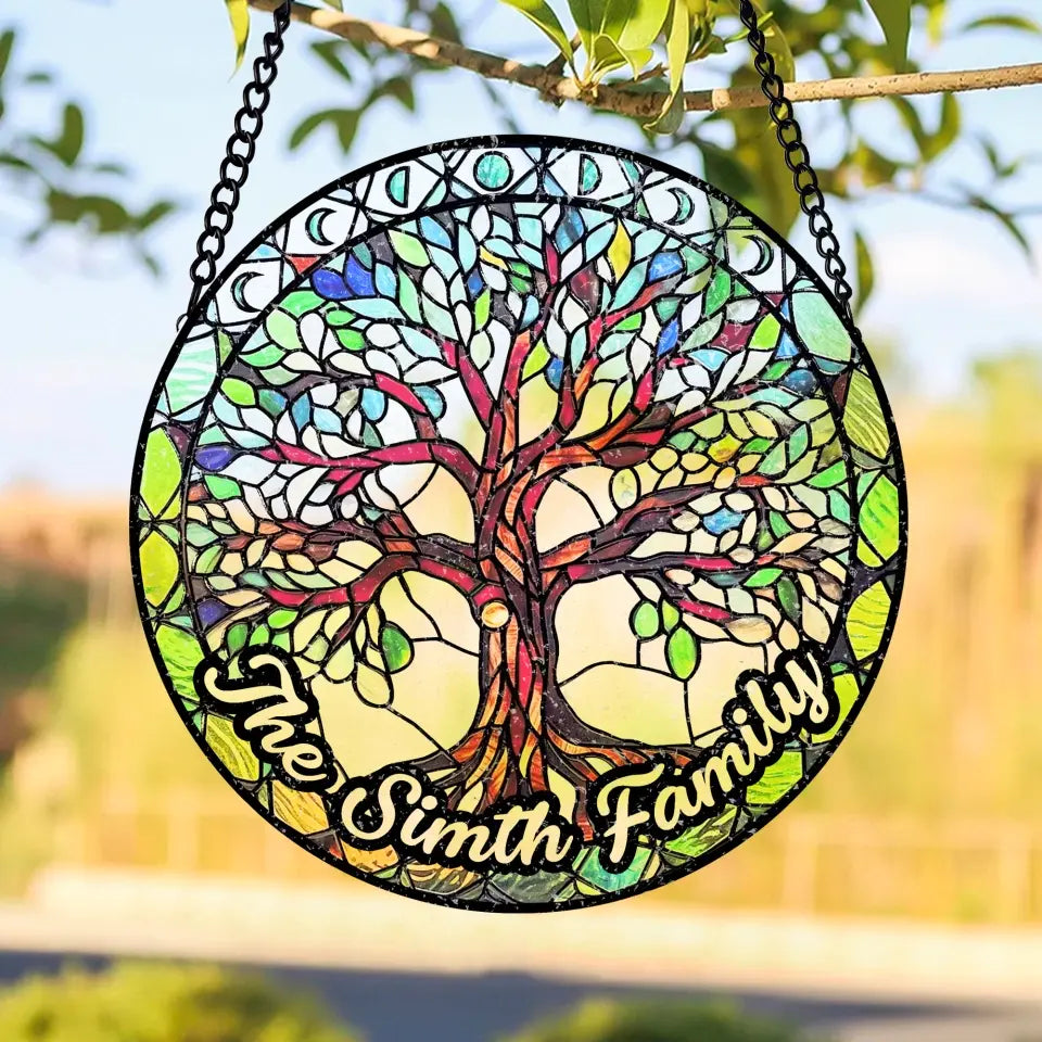 Tree of Life Stained Glass Suncatcher with Moon Phases - Personalized Window Stained Glass, Suncatcher Hanging - WSG85TL