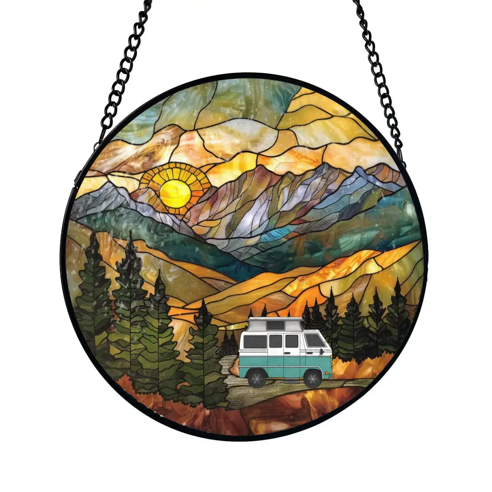 Camping Forest Mountain - Personalized Window Hanging Stained Glass, Camping Gift, Nature Perfect Gift - WSG105AN