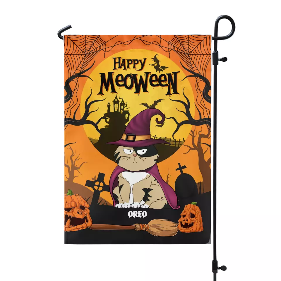 Cat Witch Happy Meoween - Personalized Garden Flag, Gift For Cat Lovers, Halloween Gift - GF146AN