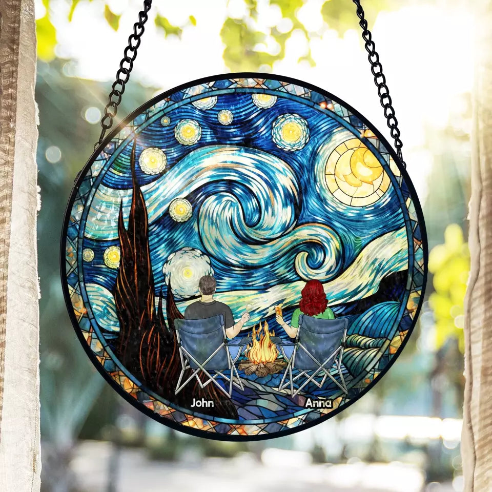 Camping Couple Starry Night - Personalized Window Stained Glass, Gift For Camping Lovers - WSG123AN