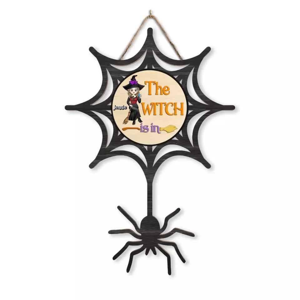 The Witch Is In - Personalized Wood Sign, Wooden Door Sign Custom Shaped, Halloween Gift - DS148AN